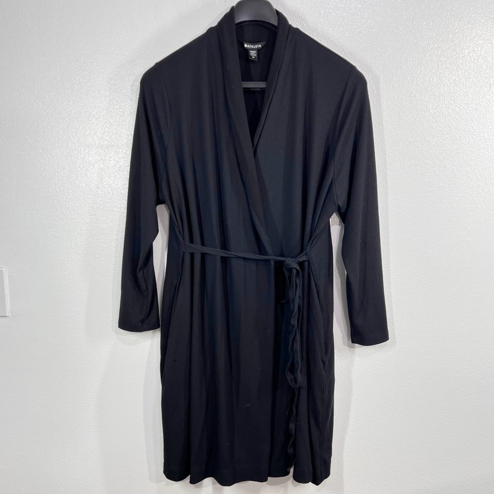 Athleta Wind‎ Down Sleep Robe 2X Black Lightweight Waffle Knit Cardigan Wrap